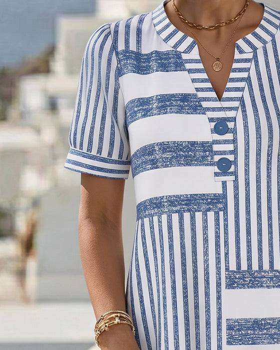Robes Patchwork Rayure Manches Courtes Court