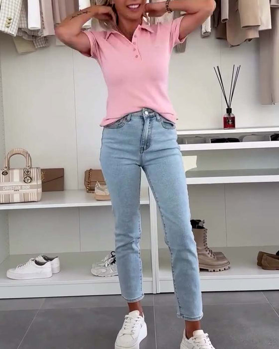 T-Shirt À Revers Polo De Couleur Unie Slim Fit