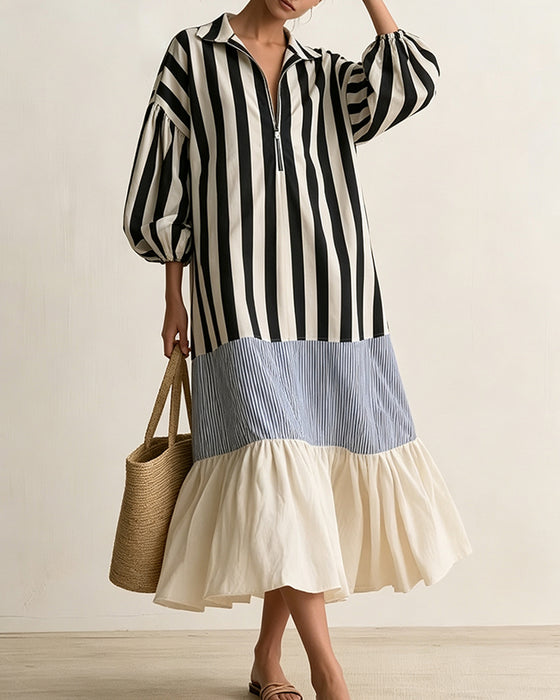 Robe Col Fermeture Éclair Rayé Bloc de Couleur Superposé