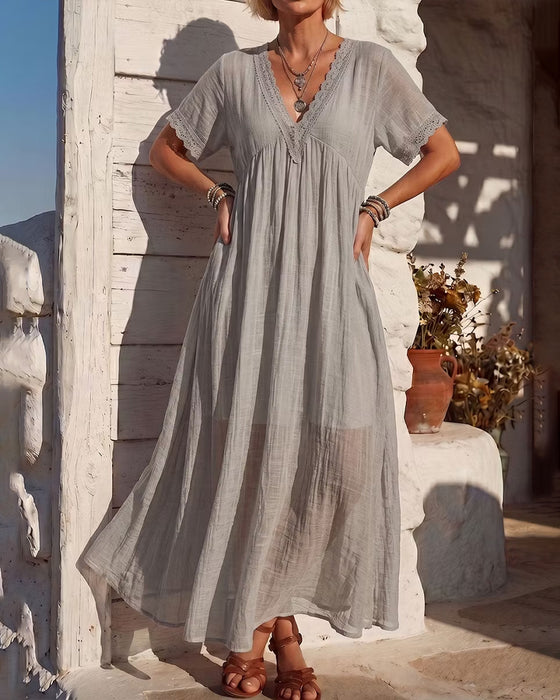 Robe Col En V Froncée Dentelle Patchwork