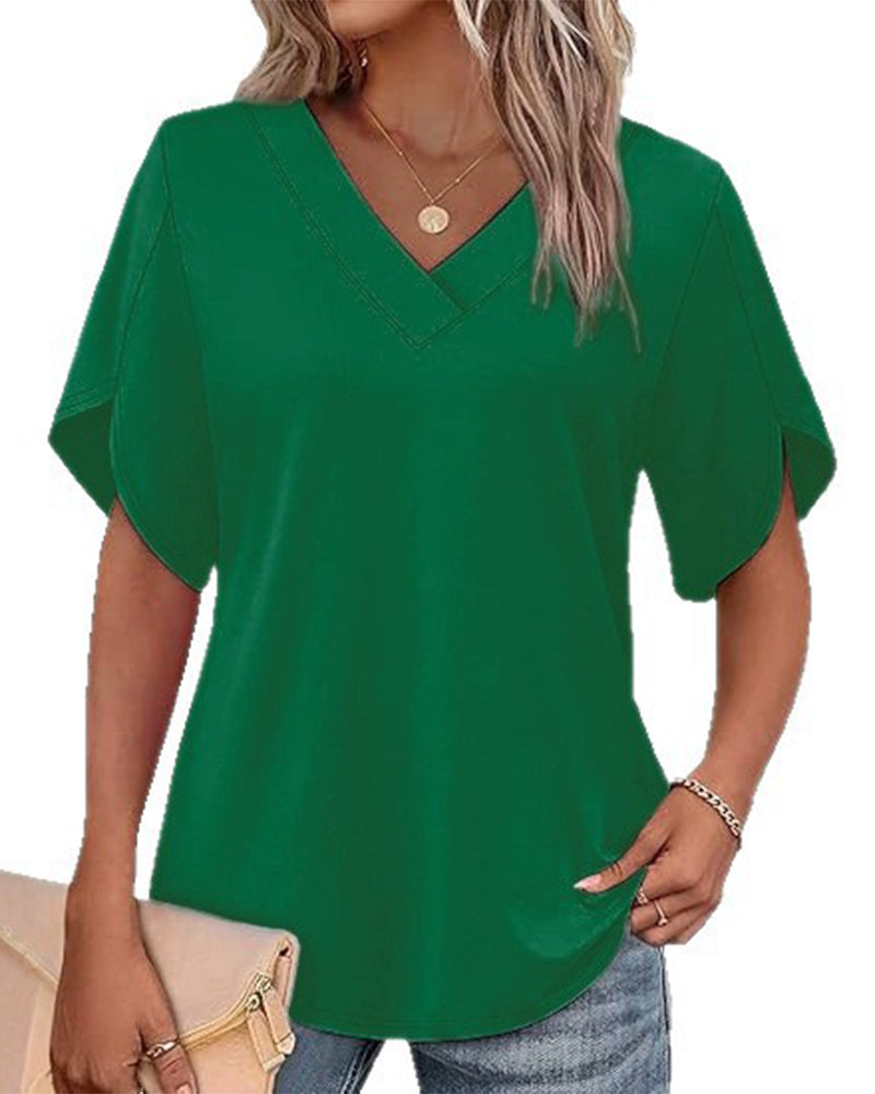 T-Shirt Col En V Petite Fente Manches Courtes Unie