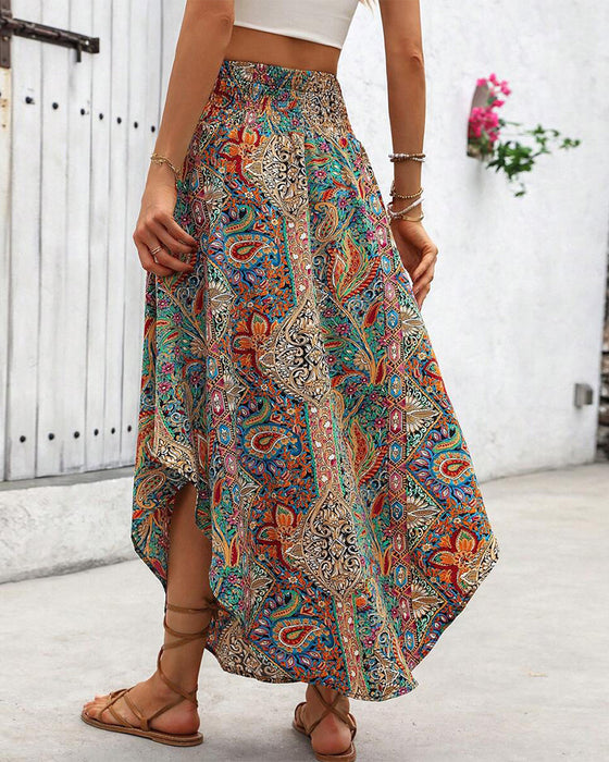 Jupe avec une Ceinture Élastique, des Impressions Rétro et un ourlet incurvé