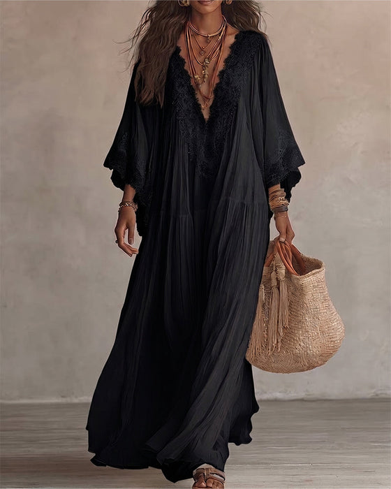 Robe Col V Dentelle Patchwork Unie