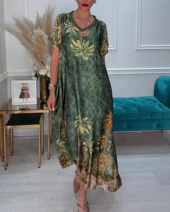 Robe Col En V Palmier Imprimé Manches Courtes Longue