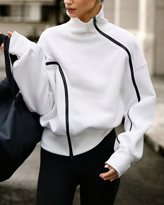 Sweatshirt Col Mock Fermeture Éclair Épaule Tombante Décontracté