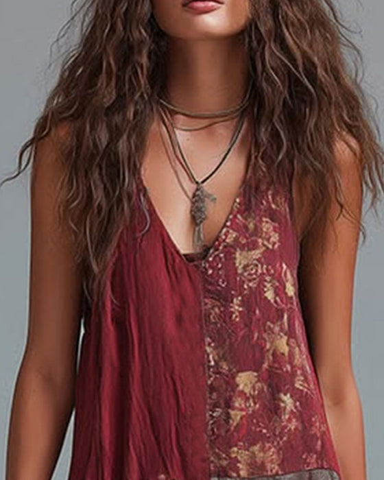 Jumpsuit Col V Sans Manches Contraste Imprimé