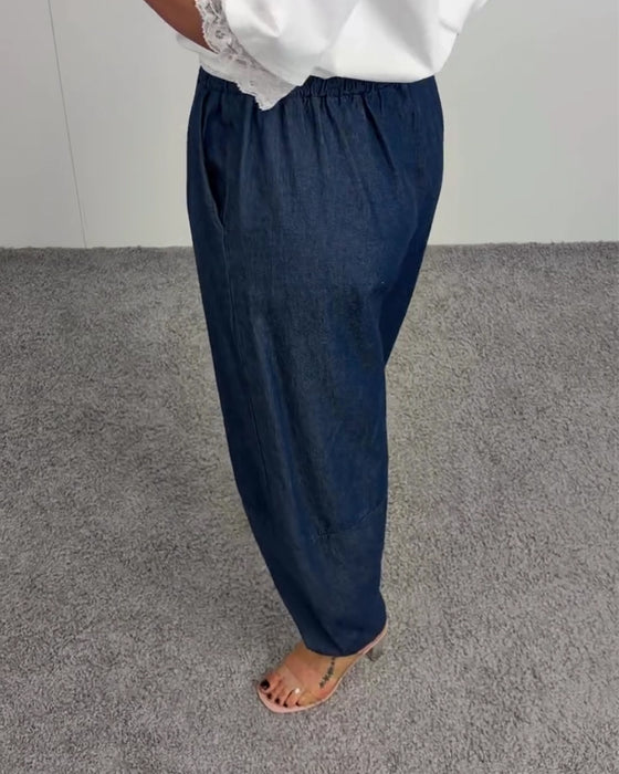 Pantalon Élégant Poche Denim Long