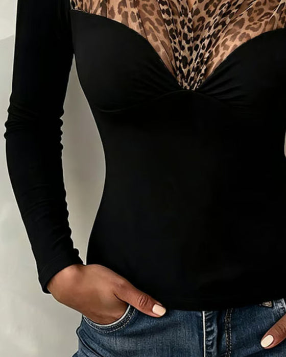 Haut Léopard Mesh Patchwork Col En V Ajusté