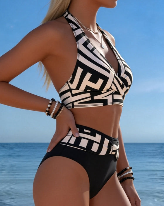 Bikini Géométrique Imprimé Taille Haute