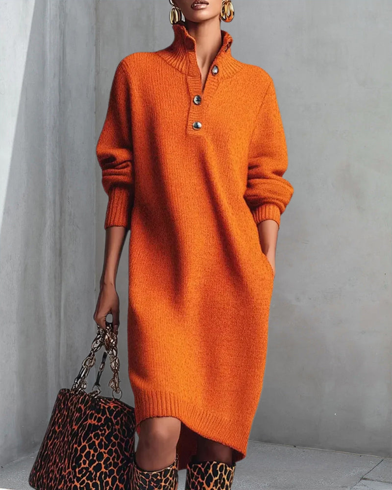 Robe Couleur Unie À Boutons Et Col Haut