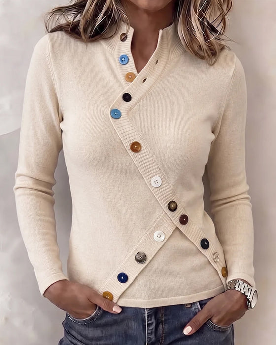 Pullover Col Mandarin Bloc De Couleur Bouton Asymétrique