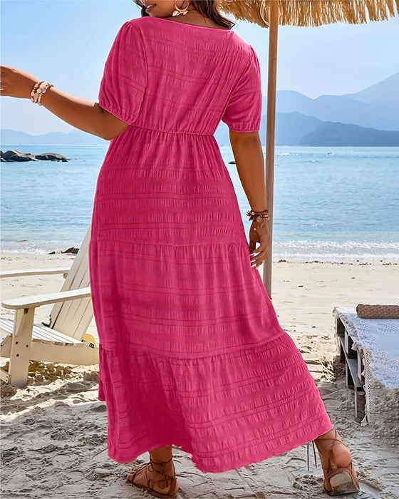 Robe Col Carré Ourlet A Manche Courte