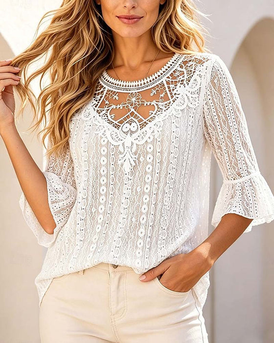 Blouse Col Rond Évidé Dentelle Patchwork