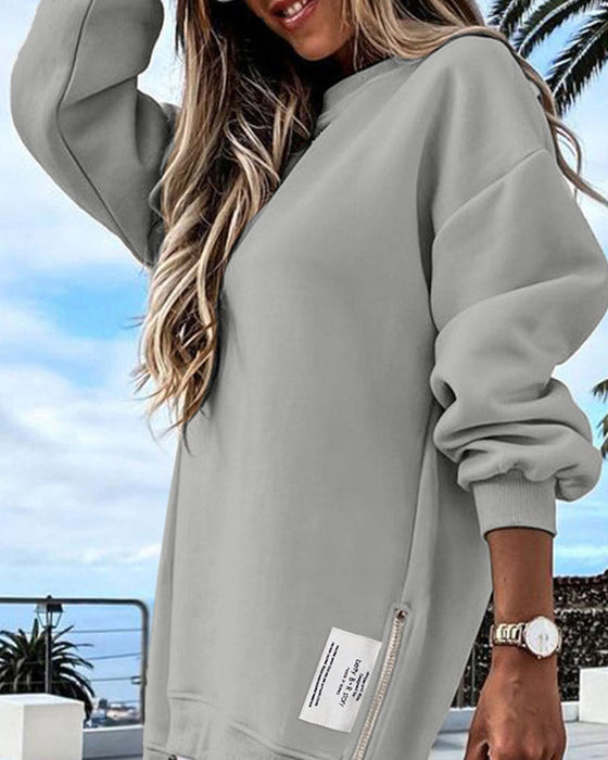 Robe Décontractée En Sweat À Manches Longues Avec Fermeture Éclair Et Fente