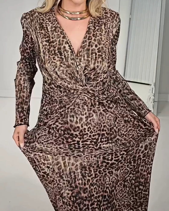 Robe Col V Croisé Imprimé Léopard Froncée