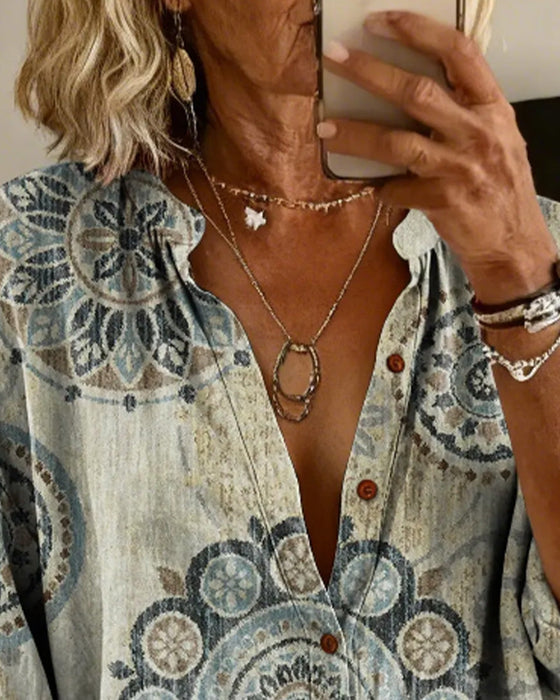 Chemise Motif Mandala Épaule Descendue Manche