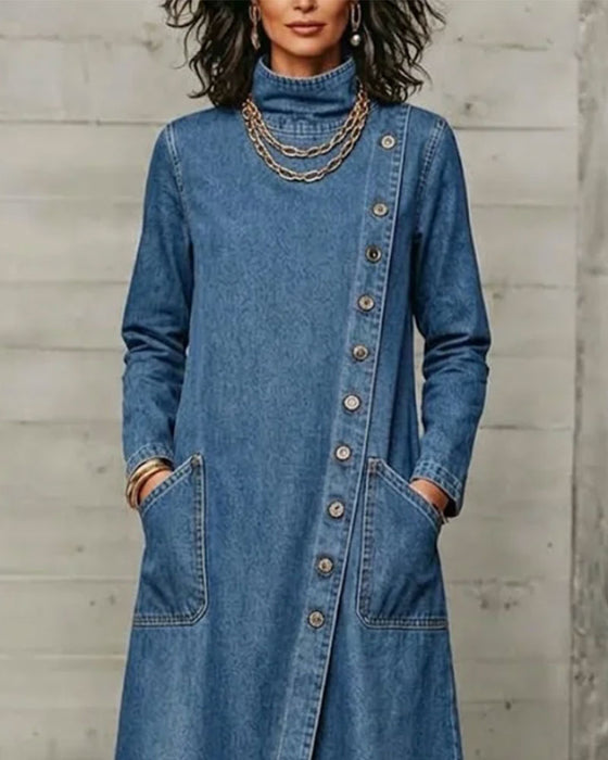 Robe Col Haut Bouton Poche