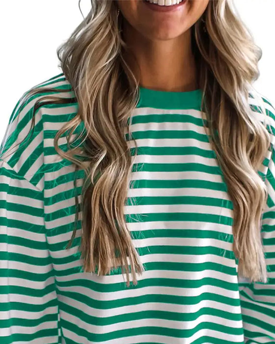 Blouse Col Rond Épaule Tombante Rayure Découpe