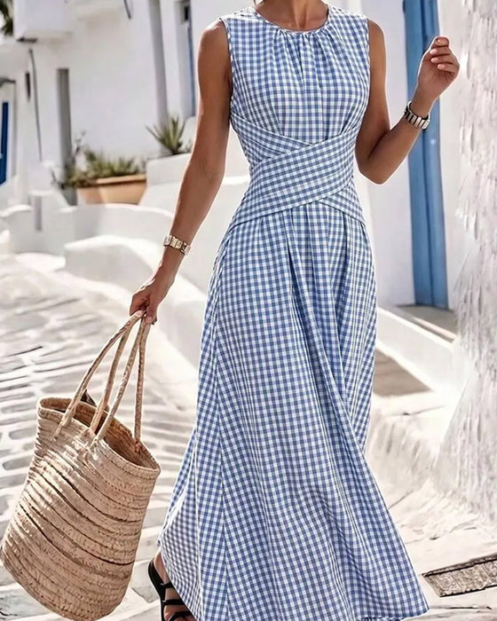 Robe Col Rond Croisé Froncé À Carreaux