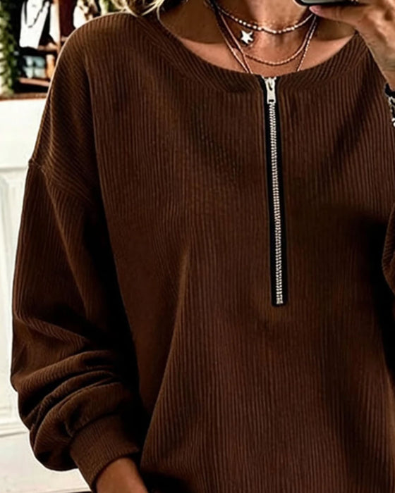 Sweatshirt Col Rond Fermeture Éclair Rayé Épaule Tombante