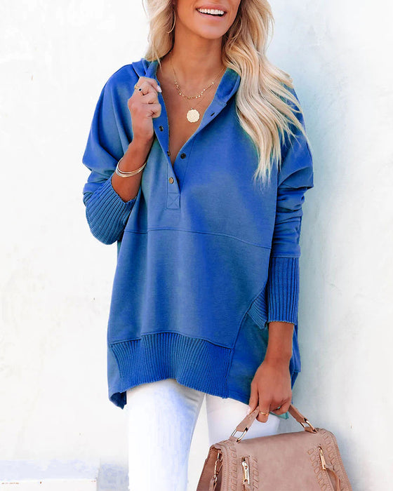 Sweat-shirt décontracté col en V à capuche couleur unie ample