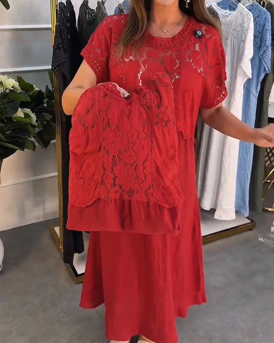 Robe Élégante Dentelle-Garni Patchwork Maxi