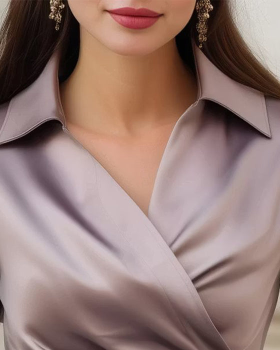 Haut Revers Croisé Taille Froncée Manches Longues