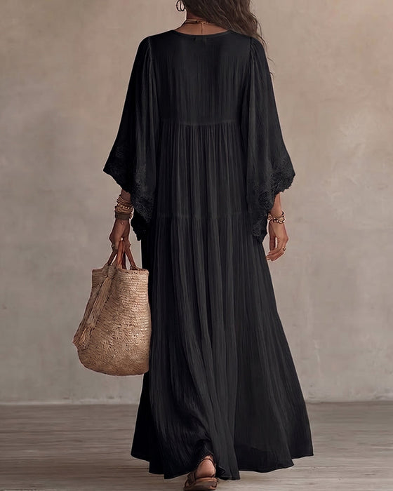 Robe Col V Dentelle Patchwork Unie
