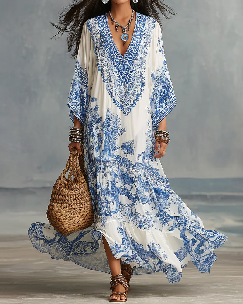 Robe Col En V Bohémienne Évasée Asymétrique