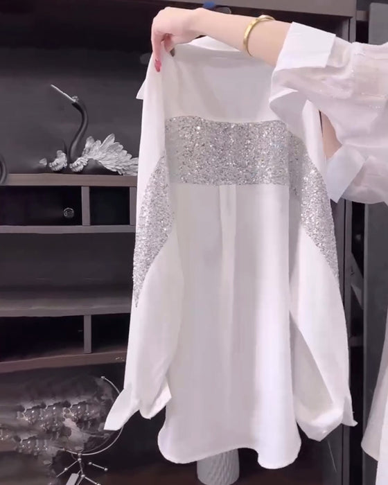 Chemise À Paillettes À Revers Et Manches Longues