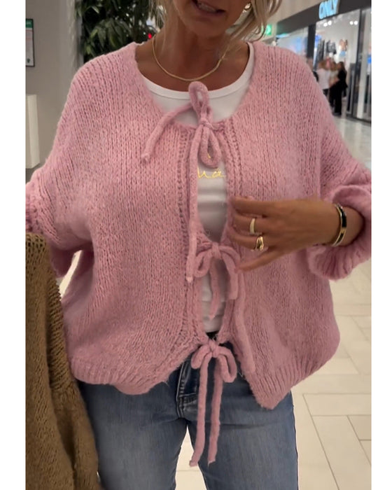 Cardigan décontracté à manches longues et lacets de couleur unie