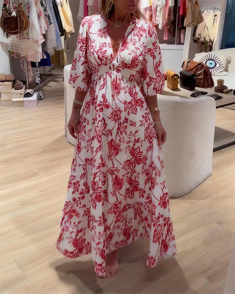 Robe Décolleté Profond En V Élégant Floral Longue