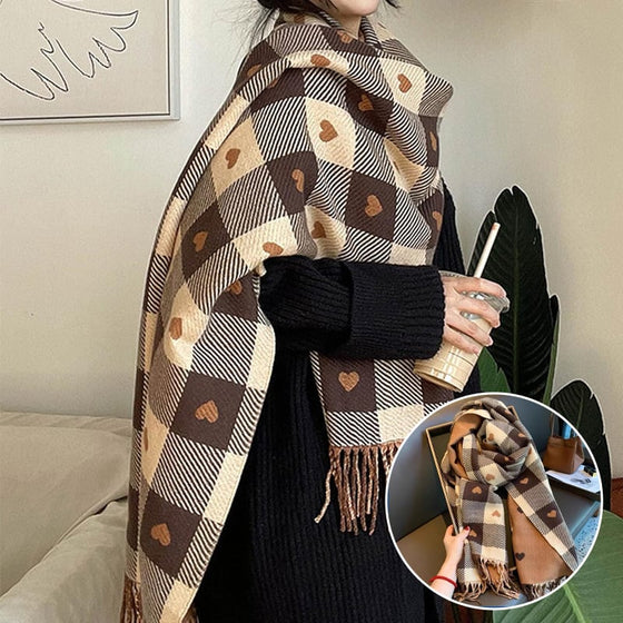 Cozy Heart Plaid Scarf – Écharpe Douce D'hiver Pour Filles Ou Couples
