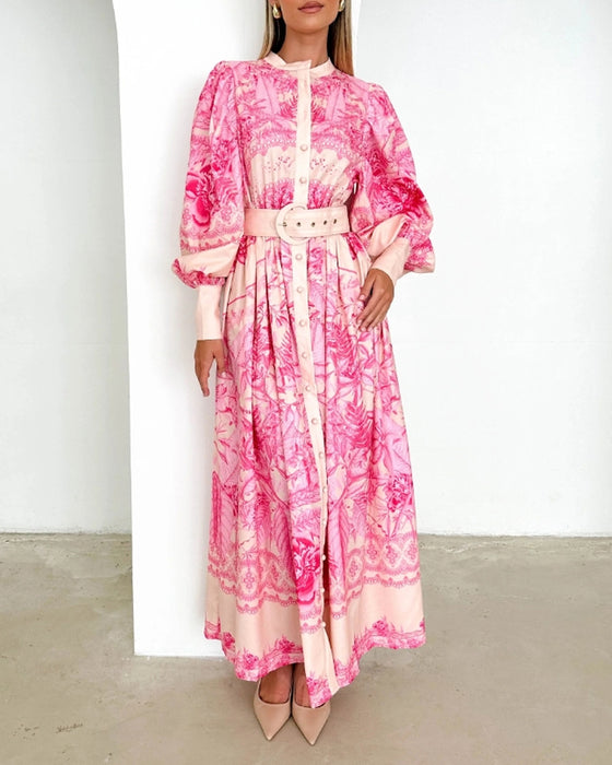 Robe imprimée boutonnée à manches lanternes