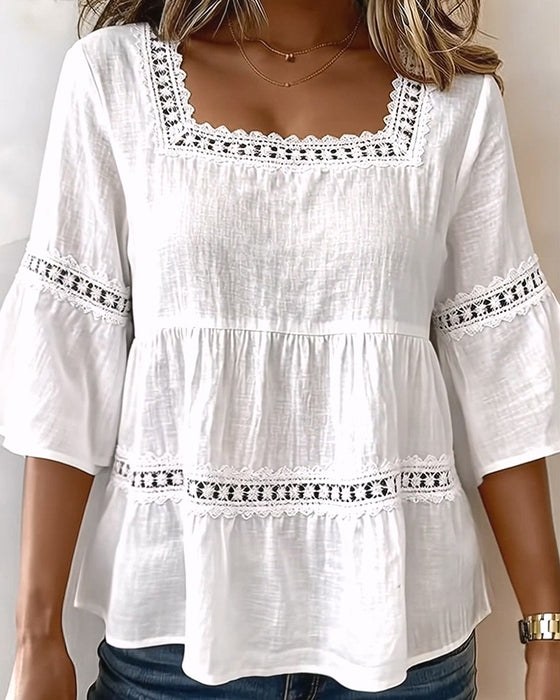 Blouse Manches Courtes Panneau En Dentelle Col Carré
