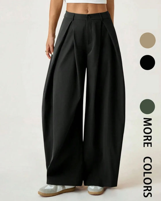 Pantalon Taille Haute Plissé Jambe Large