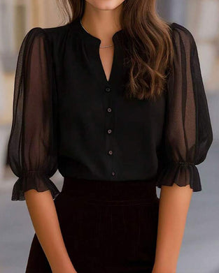Blouse Col V Bouton Unie