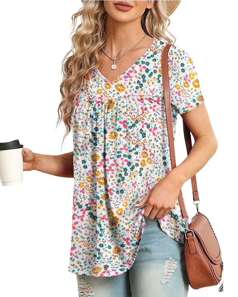 Blouse Fleurie Col V Manches Courtes