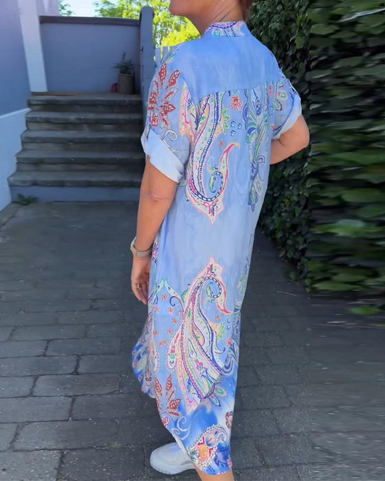 Robe imprimée à col en V et manches repliées