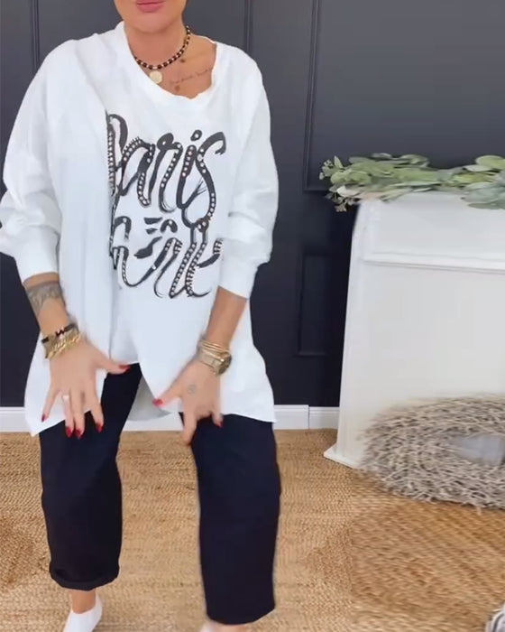 Haut Col Rond Imprimé Lettre Irrégulier