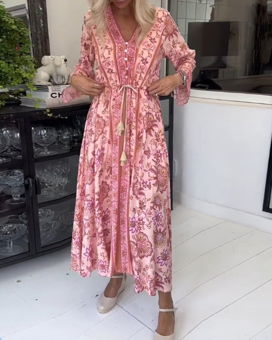 Robe élégante imprimée à col en V avec cordon de serrage et boutons