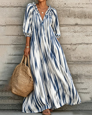Robe Tie-Dye Col En V Manches Ballon Longue Resort