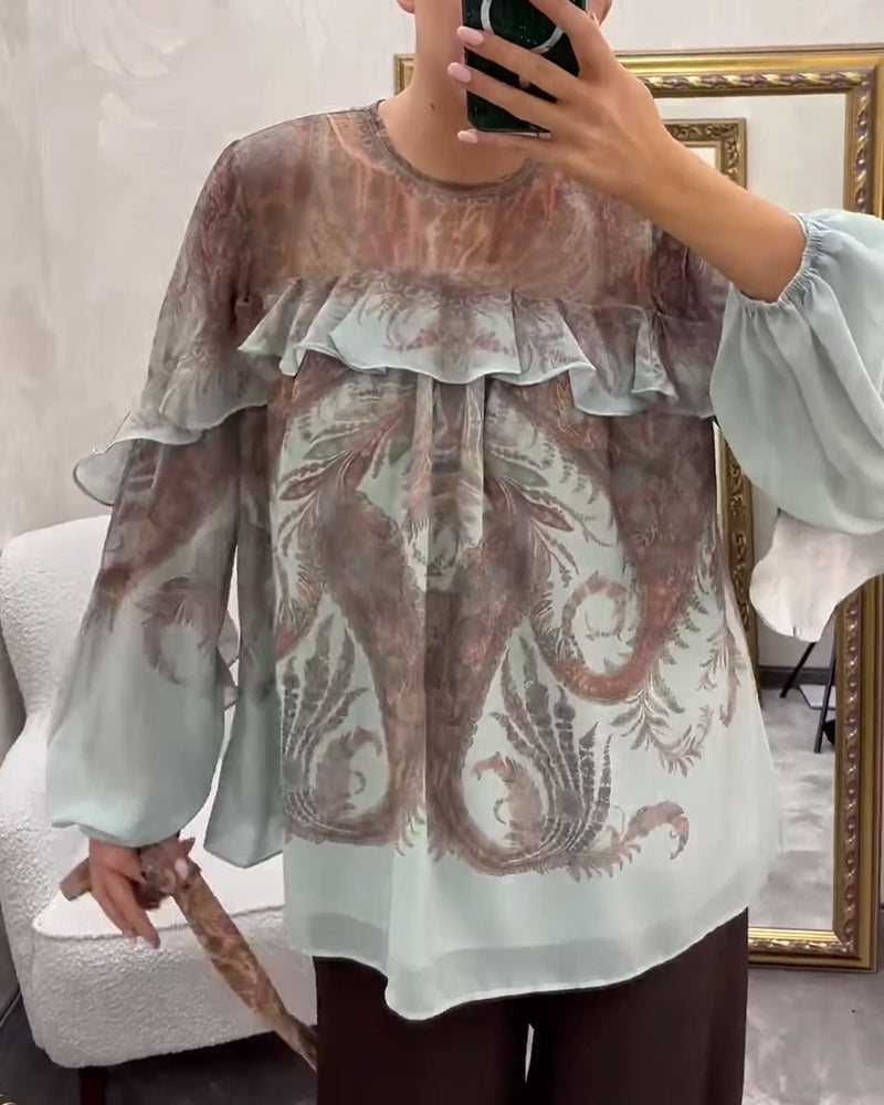 Blouse élégante imprimée à col rond à volants