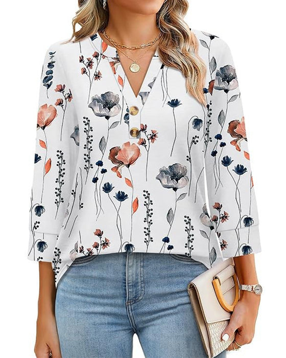 Blouse Col En V Boutonnée Manches Trois-Quarts
