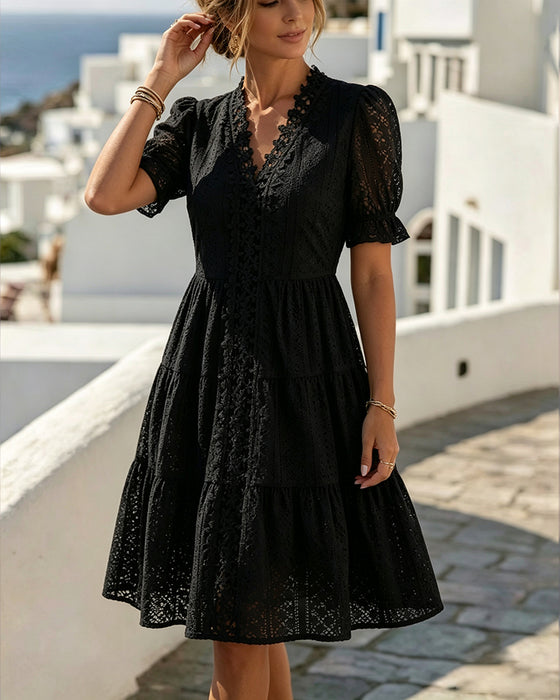 Robe Manches Bouffantes Col V Dentelle Ligne A