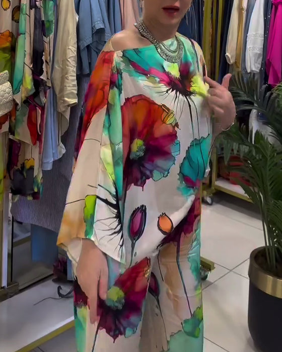 Ensemble asymétrique à manches trois-quarts à imprimé lotus