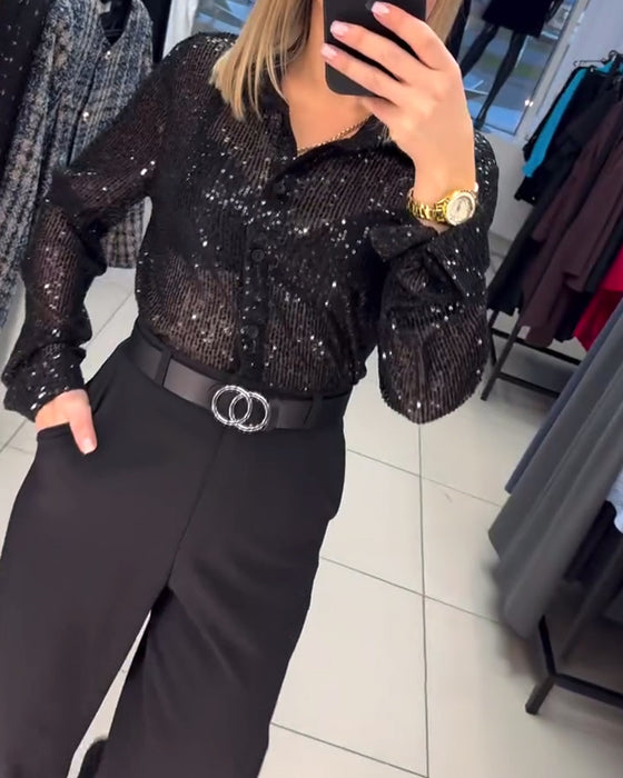 Chemise À Paillettes Avec Boutonnière Et Col