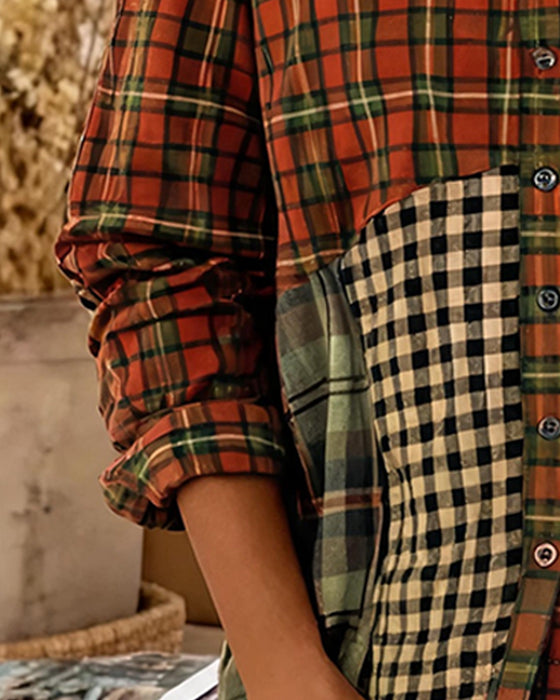 Chemise Revers Bloc De Couleur À Carreaux Manches Longues