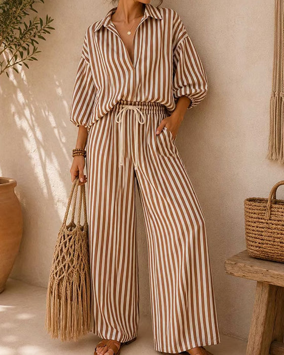 Set Col Chemise Rayure Jambe Large Manche Lanterne