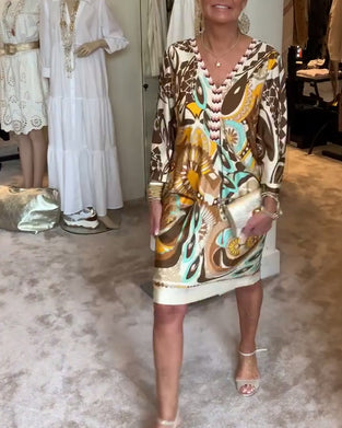 Robe décontractée à col en V et imprimé rétro